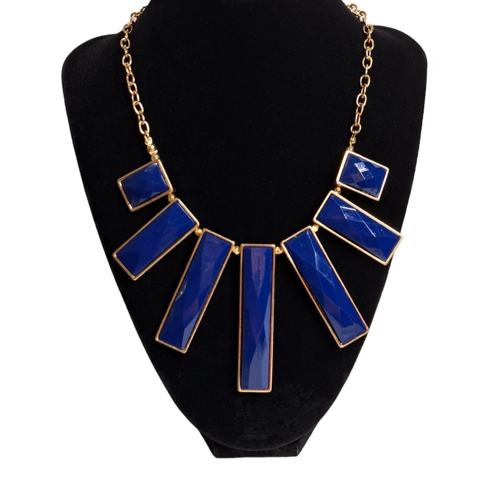 Women's Gold Tone Necklace Navy Blue Rectangular Acrylic Stones 11 Inches